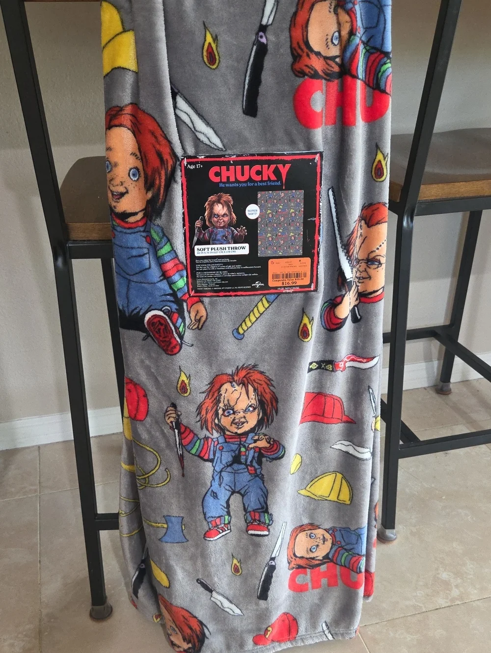 Chucky Plush Throw Blanket - Grey with Multicolor Chucky Print